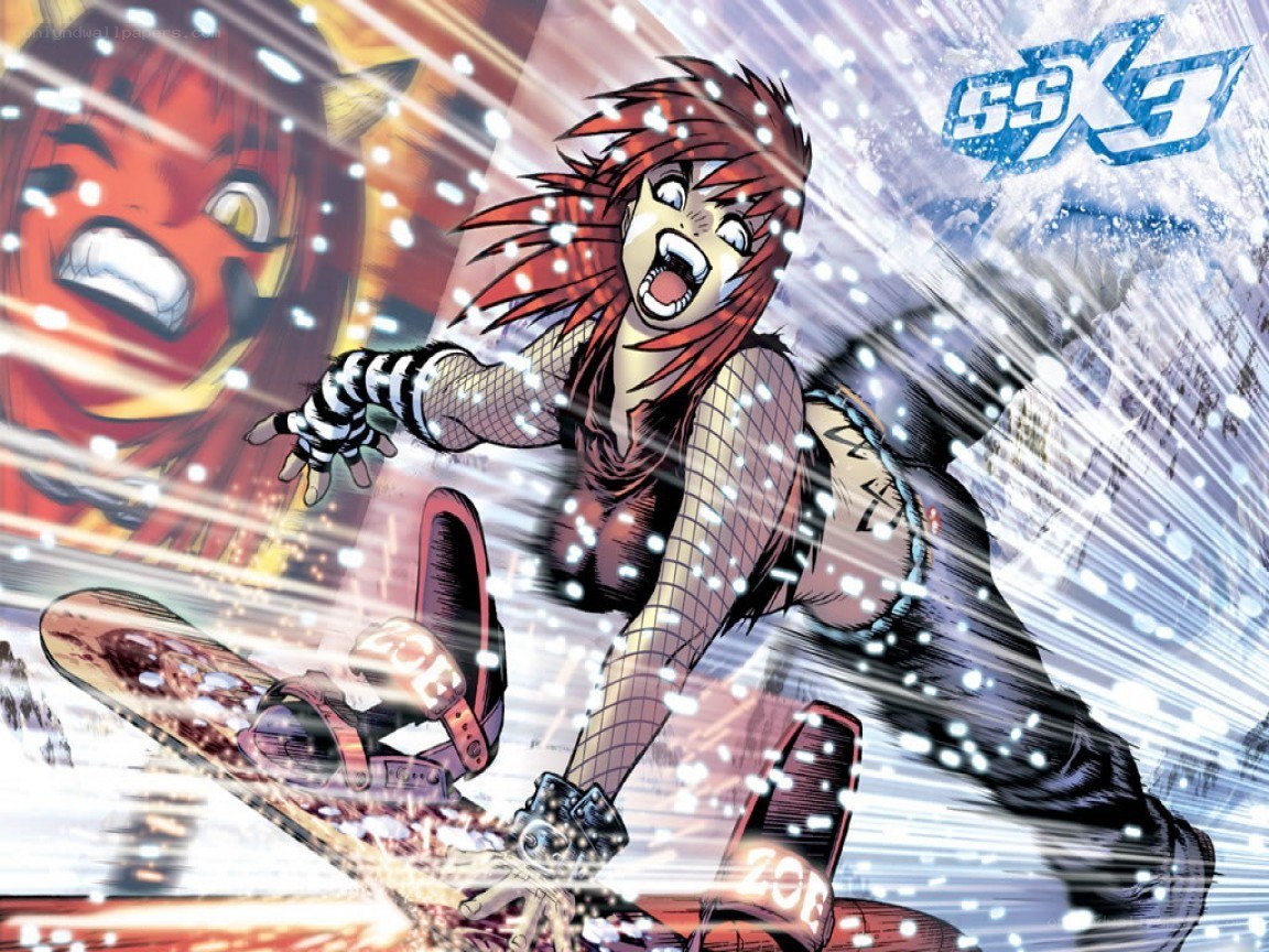 Comic character snowboarding