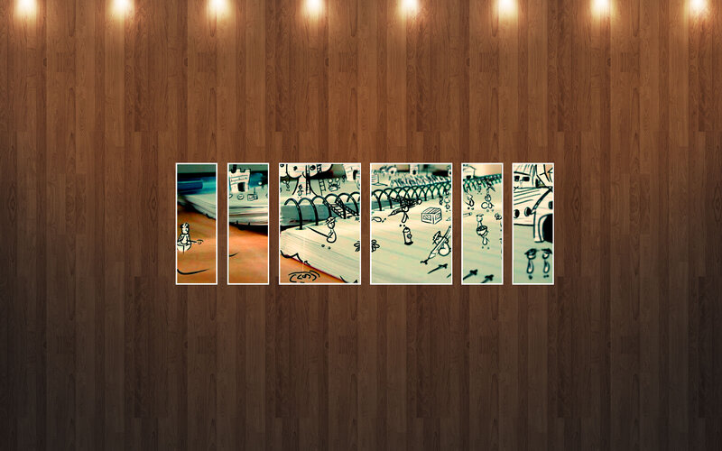 comic strip panels on wood