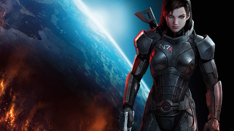 Commander Shepard on a burning planet