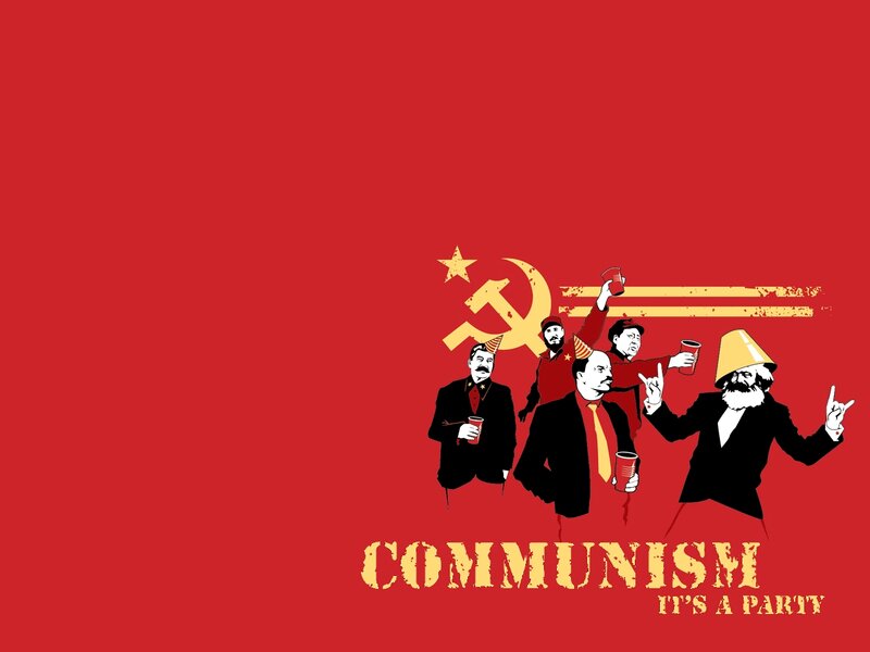 Communist Leaders Party — Red, Satirical, Illustration, Hammer and Sickle, Party Hats, Plastic Cups