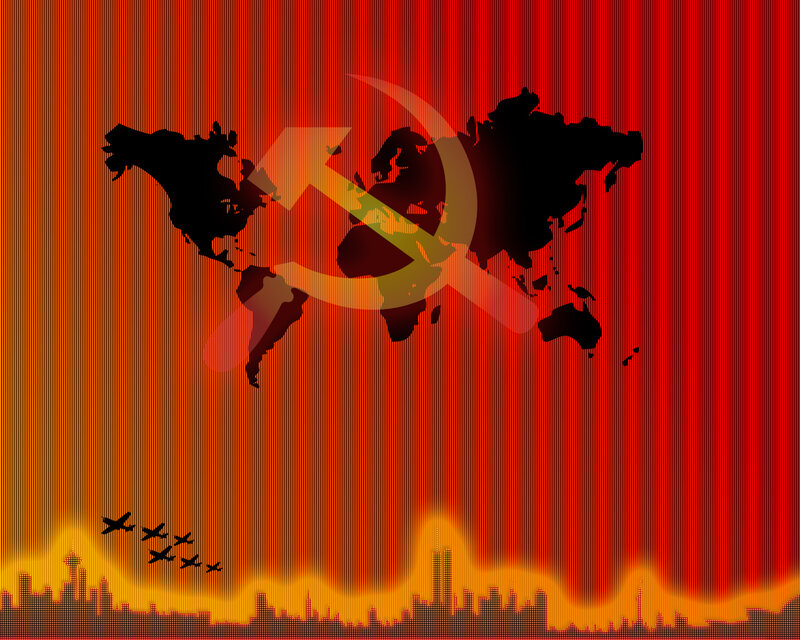Communist world map with hammer and sickle