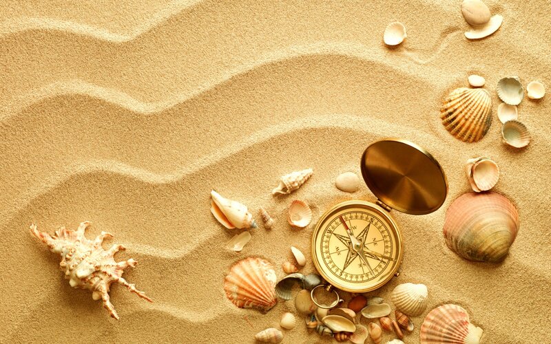 Compass and Seashells on Sand — Beige