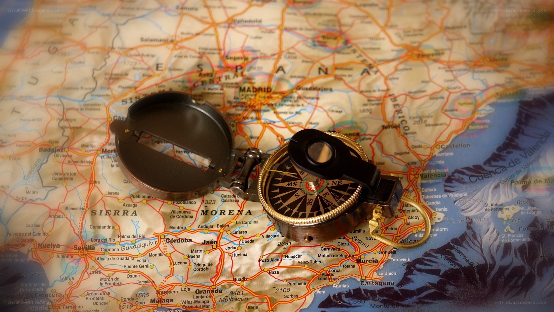 Compass on a map of Spain