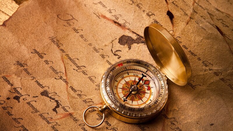 Compass on Old Map — Brown, Adventurous, Photograph, Ink Writing