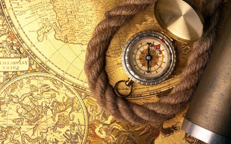 Compass on Old Map — Brown, Adventurous, Photograph, Rope, Telescope, Yellow
