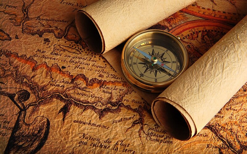 Compass on Old Map — Brown, Dramatic, Photograph, Scrolls, Gold