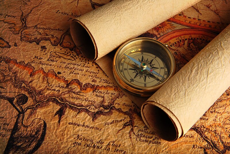 Compass on Old Map — Brown, Dramatic, Photograph, Scrolls