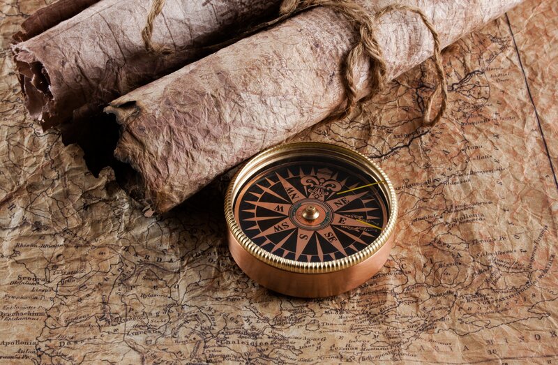 compass on old map with scrolls