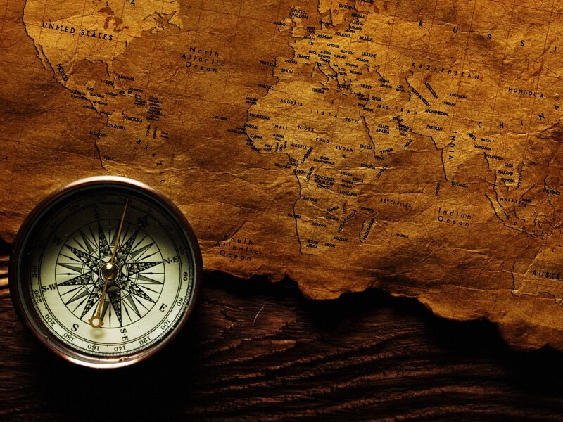 Compass on World Map — Brown, Dramatic, Photograph, Wood, Black