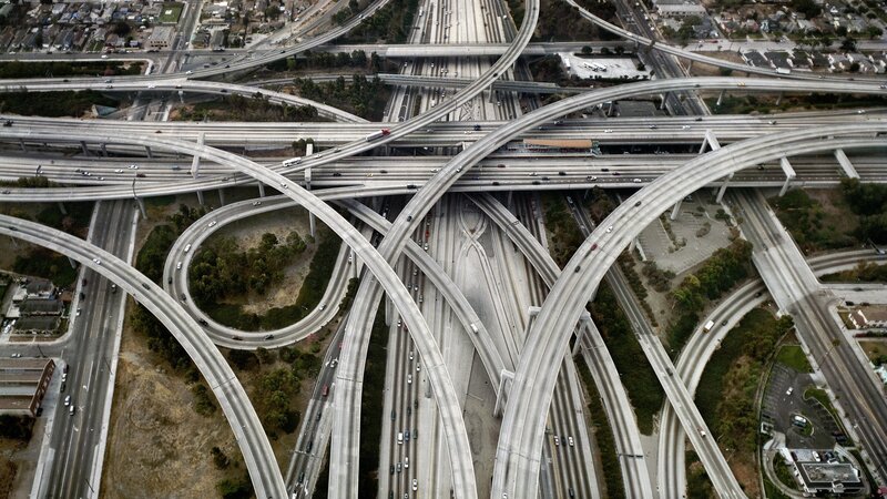 Complex highway interchange aerial view