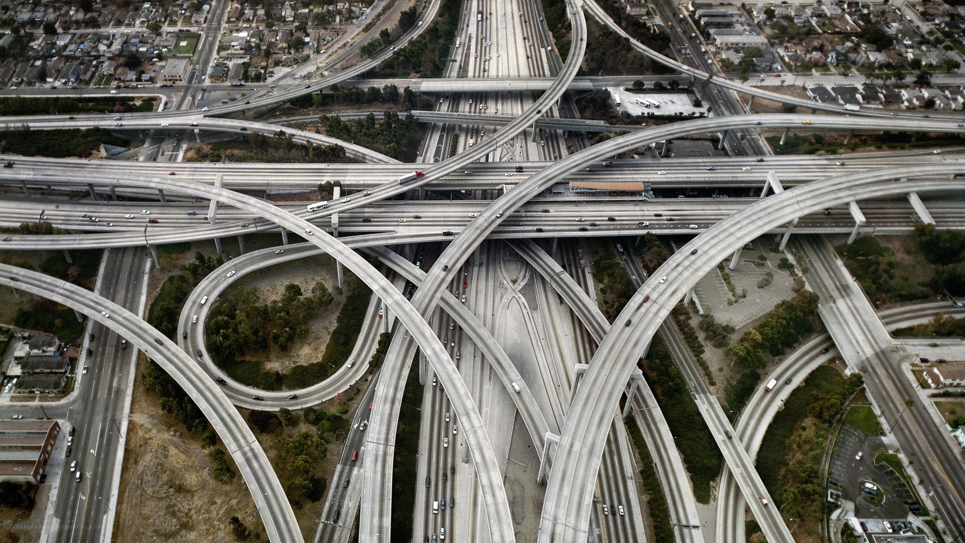 complex highway interchange aerial view