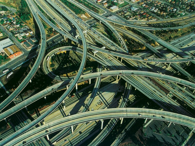 Complex highway interchange aerial view