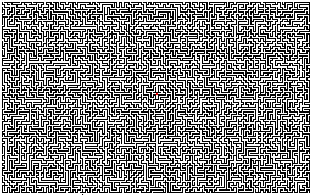 complex maze with red dot