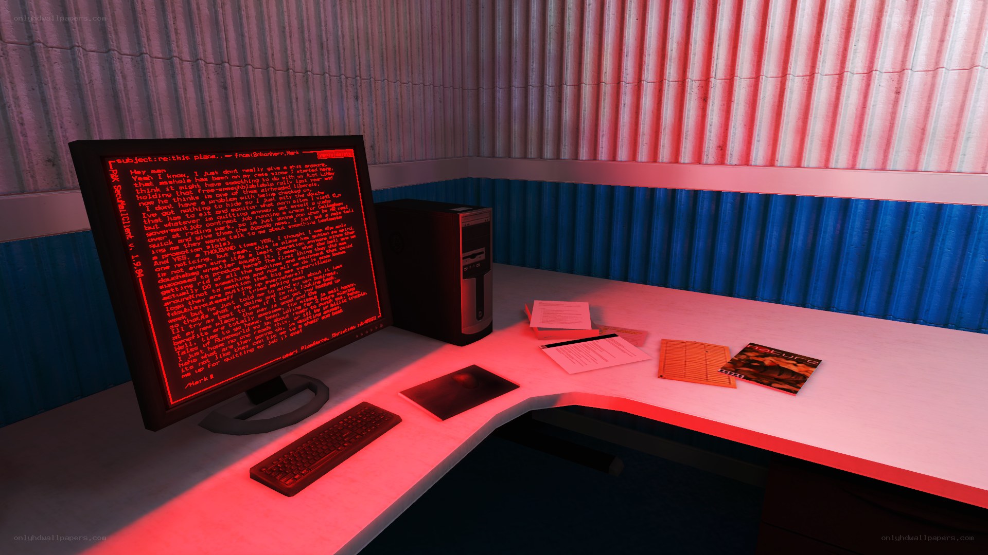 computer desk with red text