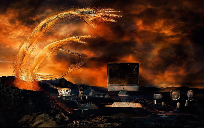Computer in Volcanic Landscape