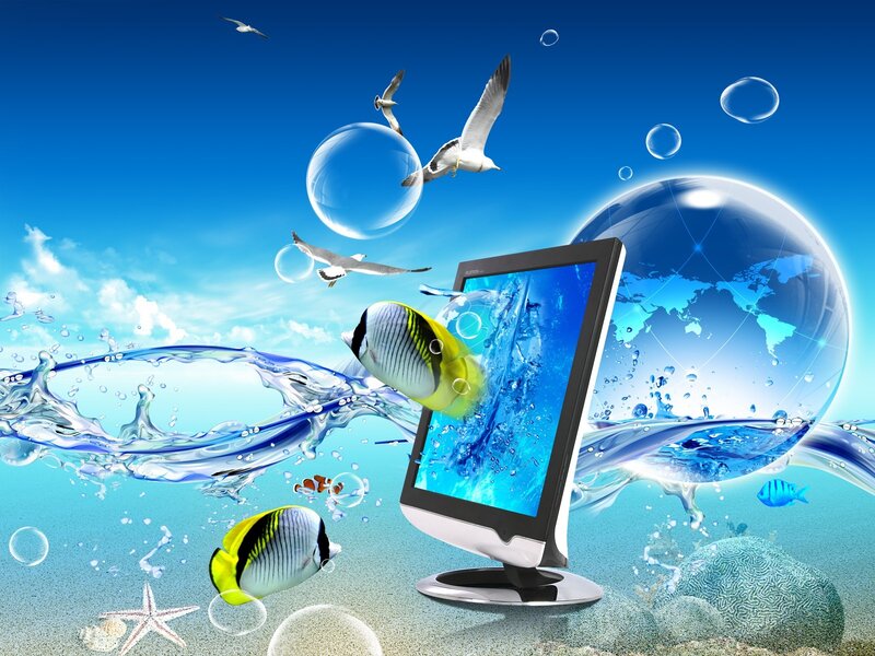 Computer Monitor with Fish — Blue, Fantastical