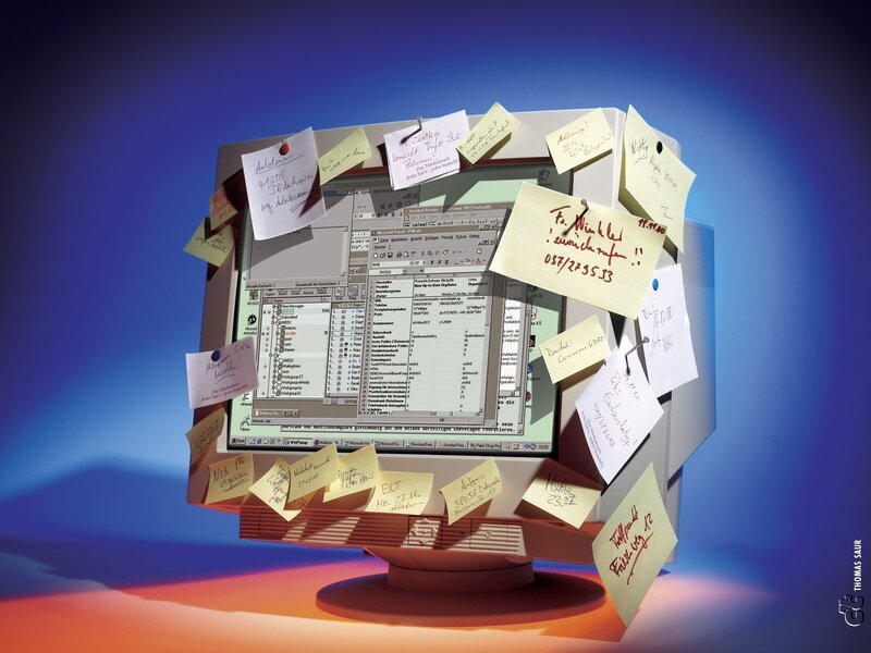 Computer Monitor with Sticky Notes — Blue