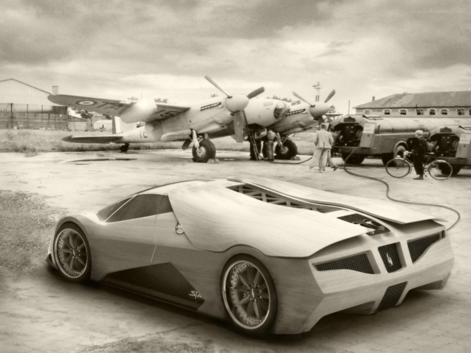Concept car and vintage plane