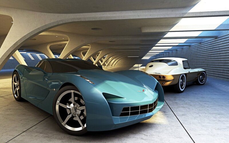 Concept cars in a futuristic garage