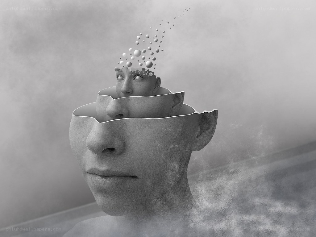 conceptual head with floating particles