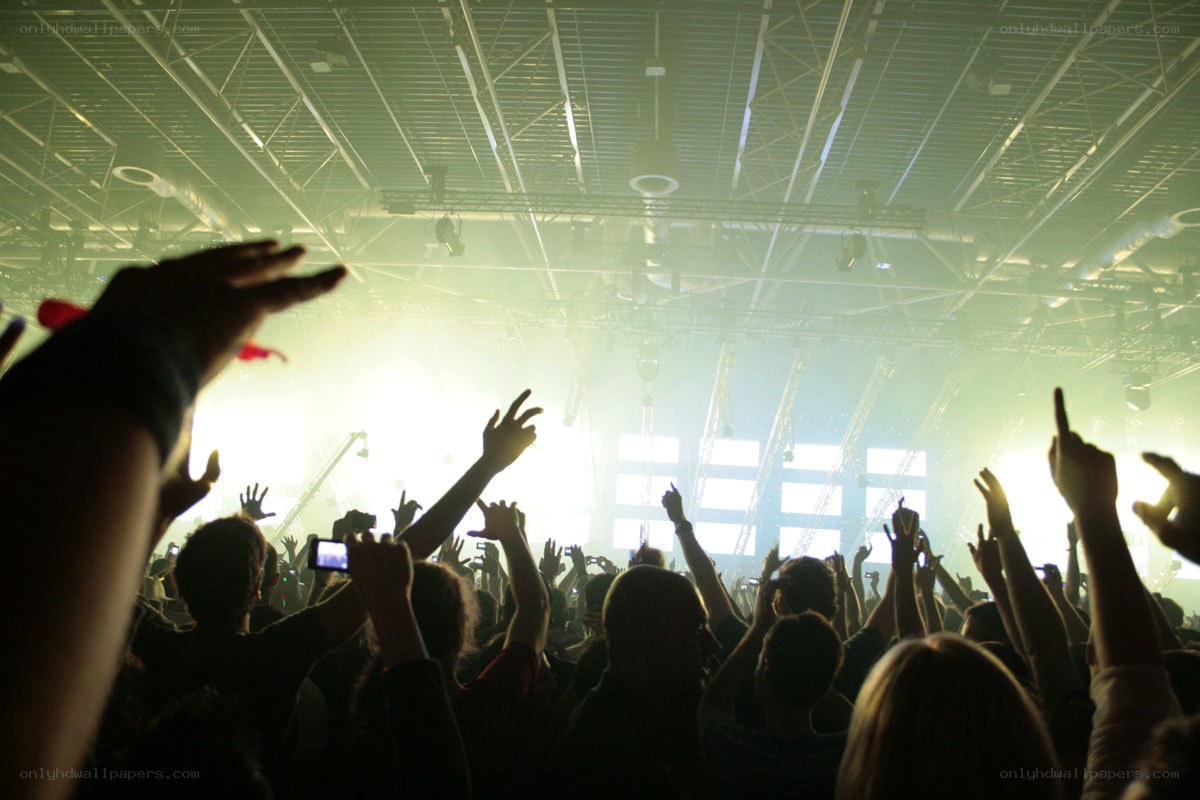 Concert crowd with raised hands