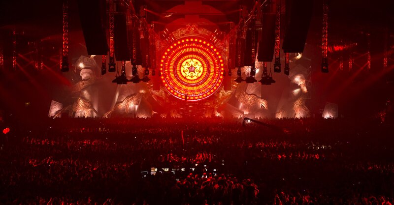 concert stage with red lights