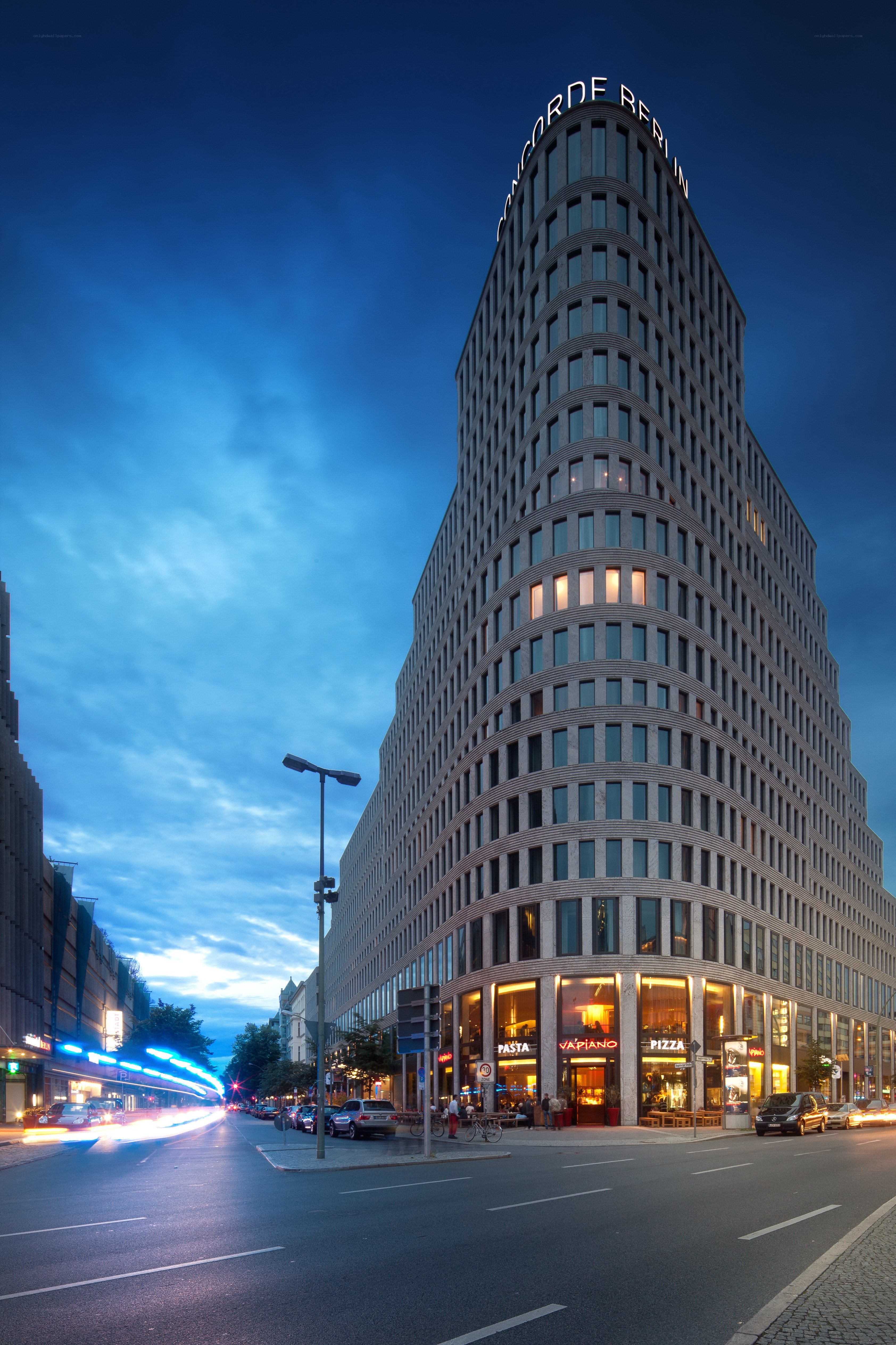 Concorde Berlin building at dusk