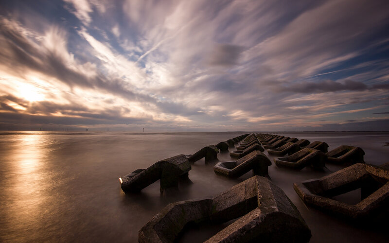 Concrete Breakwaters at Sunset