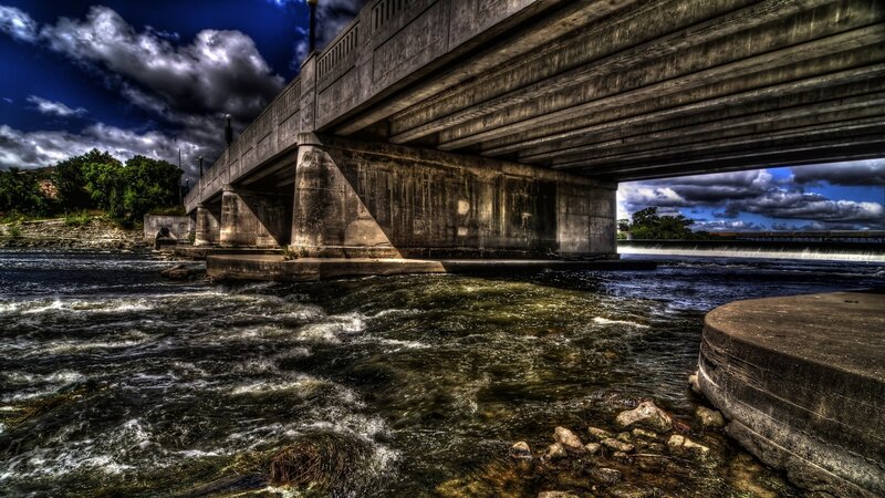 Concrete Bridge over River — Blue, Dramatic