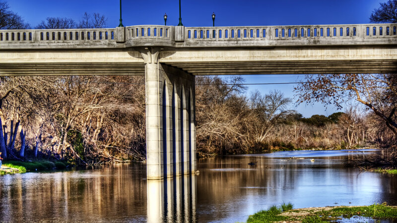 Concrete Bridge over River — Blue, Serene