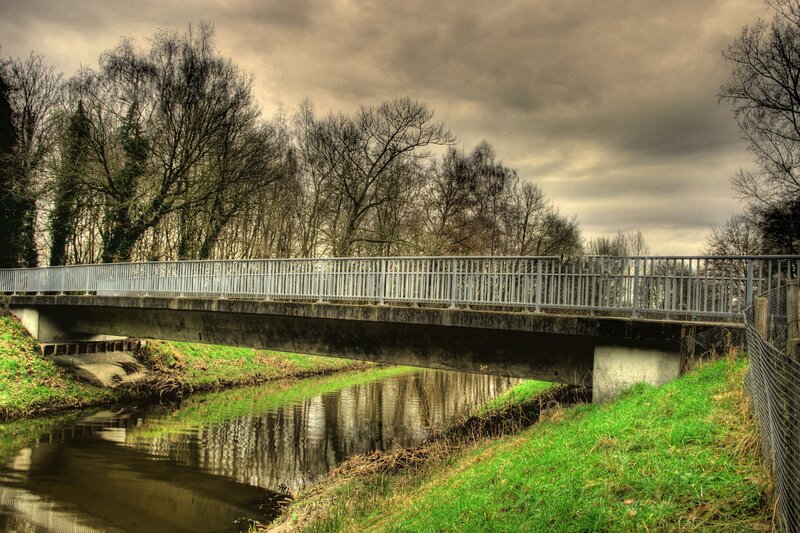 Concrete Bridge over River — Green, Dramatic
