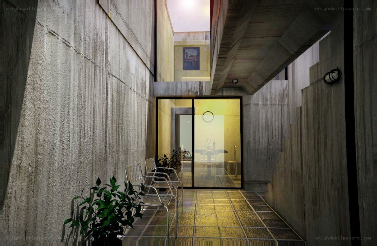 Concrete corridor with glass door