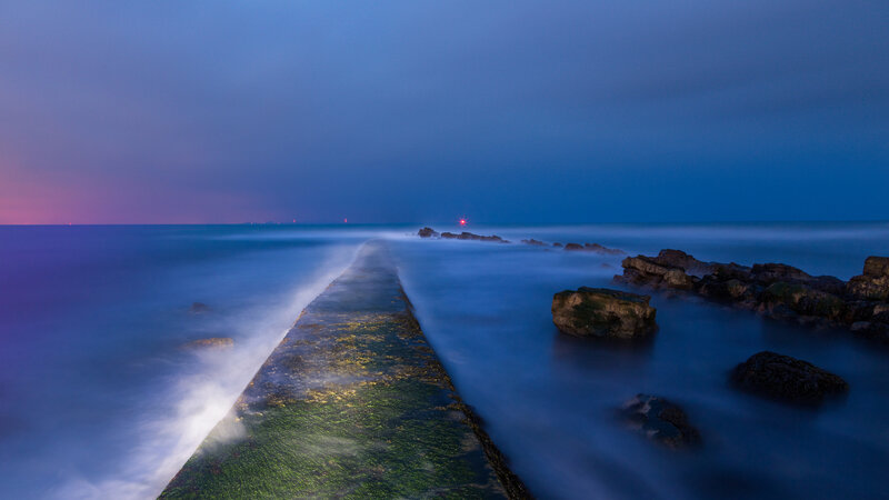 Concrete Pier at Dusk — Blue, Serene