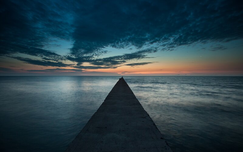 Concrete Pier at Sunset — Blue, Serene, Photograph, Ocean