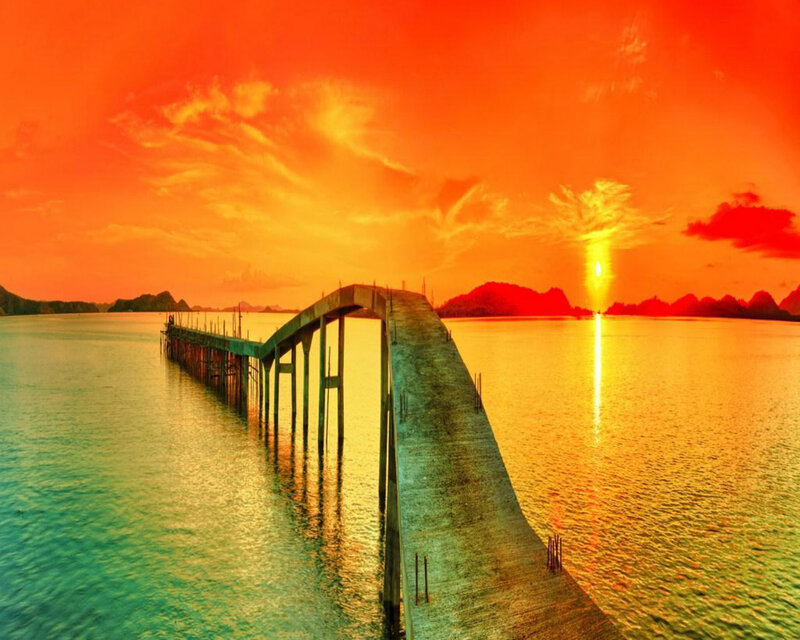 Concrete Pier at Sunset — Orange, Dramatic, Photograph