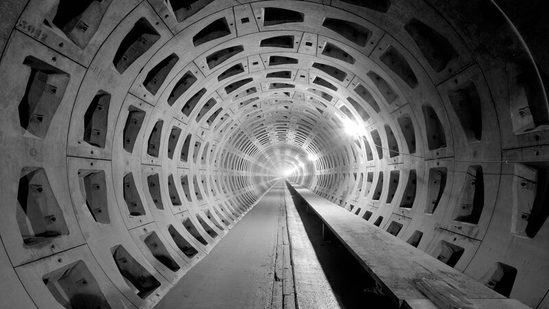 Concrete Tunnel Interior — Black, Dramatic, Photograph, Light