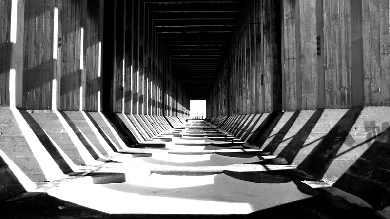 Concrete Tunnel Interior — Black, Dramatic, Photograph, Shadows