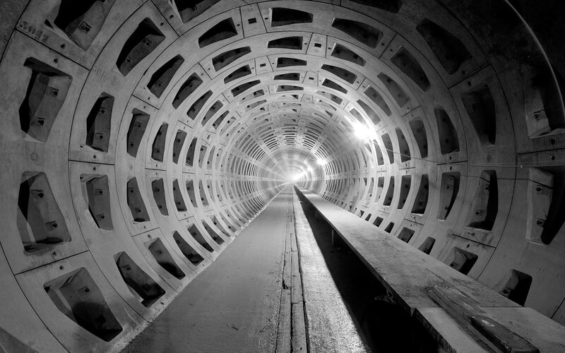 Concrete Tunnel Interior — Black, Dramatic, Photograph