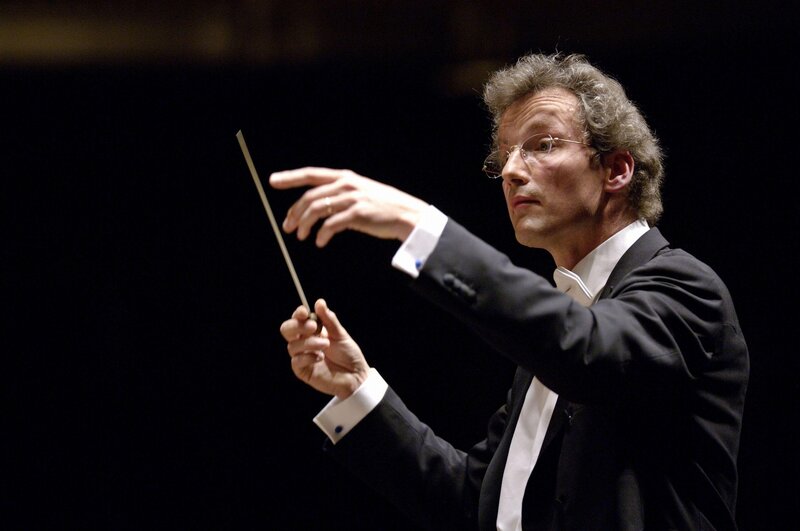 Conductor Conducting Orchestra — Black, Focused, Photograph
