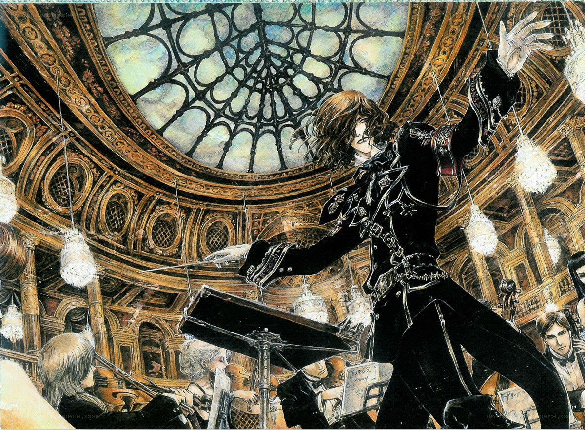Conductor in ornate concert hall