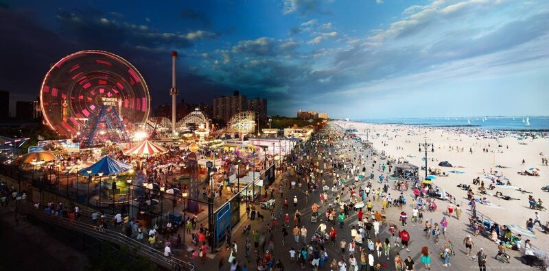Coney Island amusement park at dusk