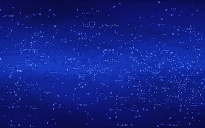 Constellations on Star Map — Blue, Calm, Night, Illustration, Stars, Lines, Grid