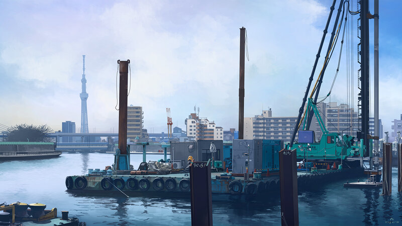 Construction Barge on River