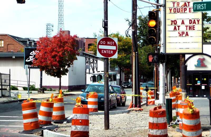 Construction barriers on a city street