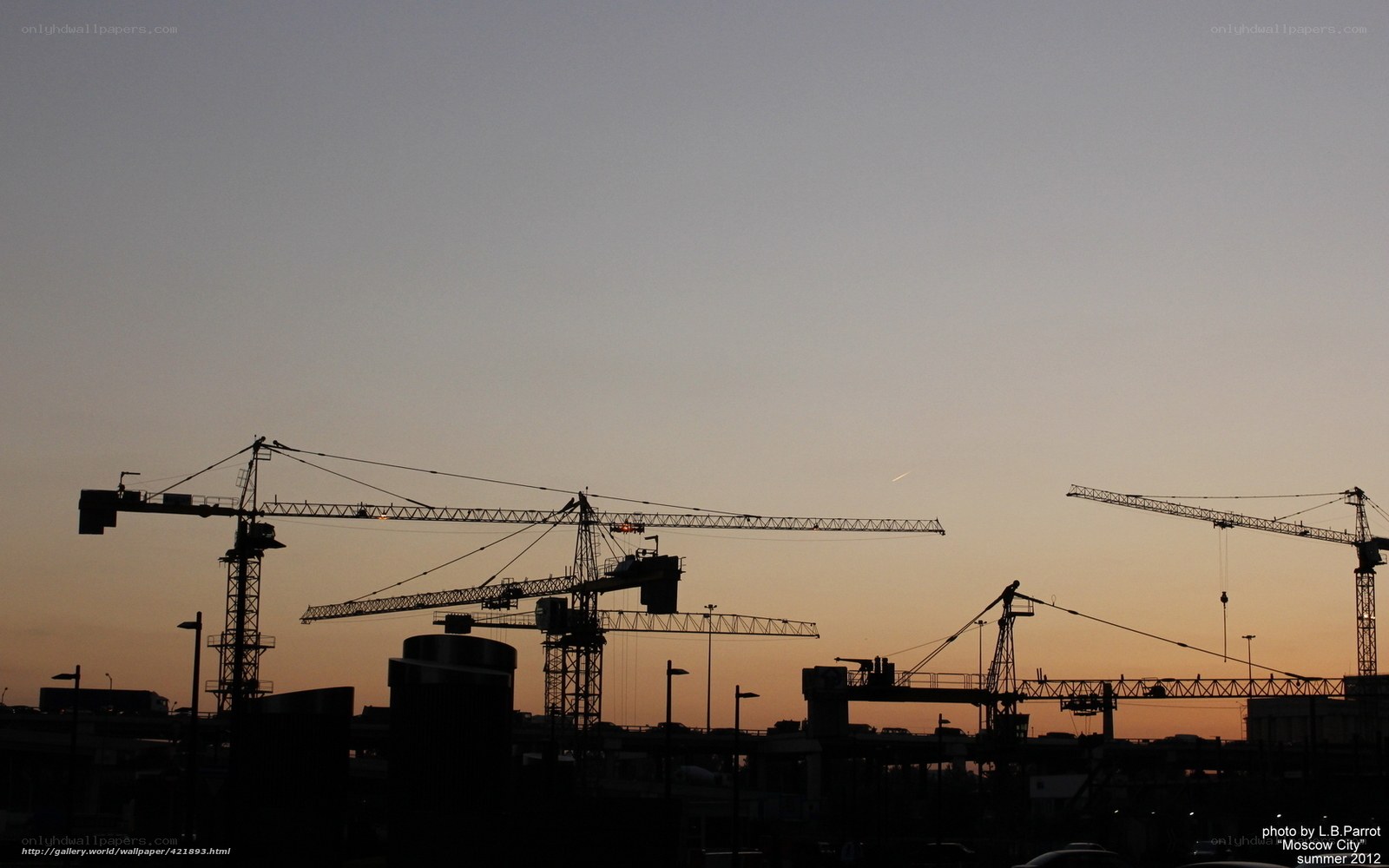 Construction cranes at dusk