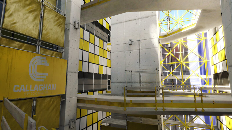 Construction site interior with branding