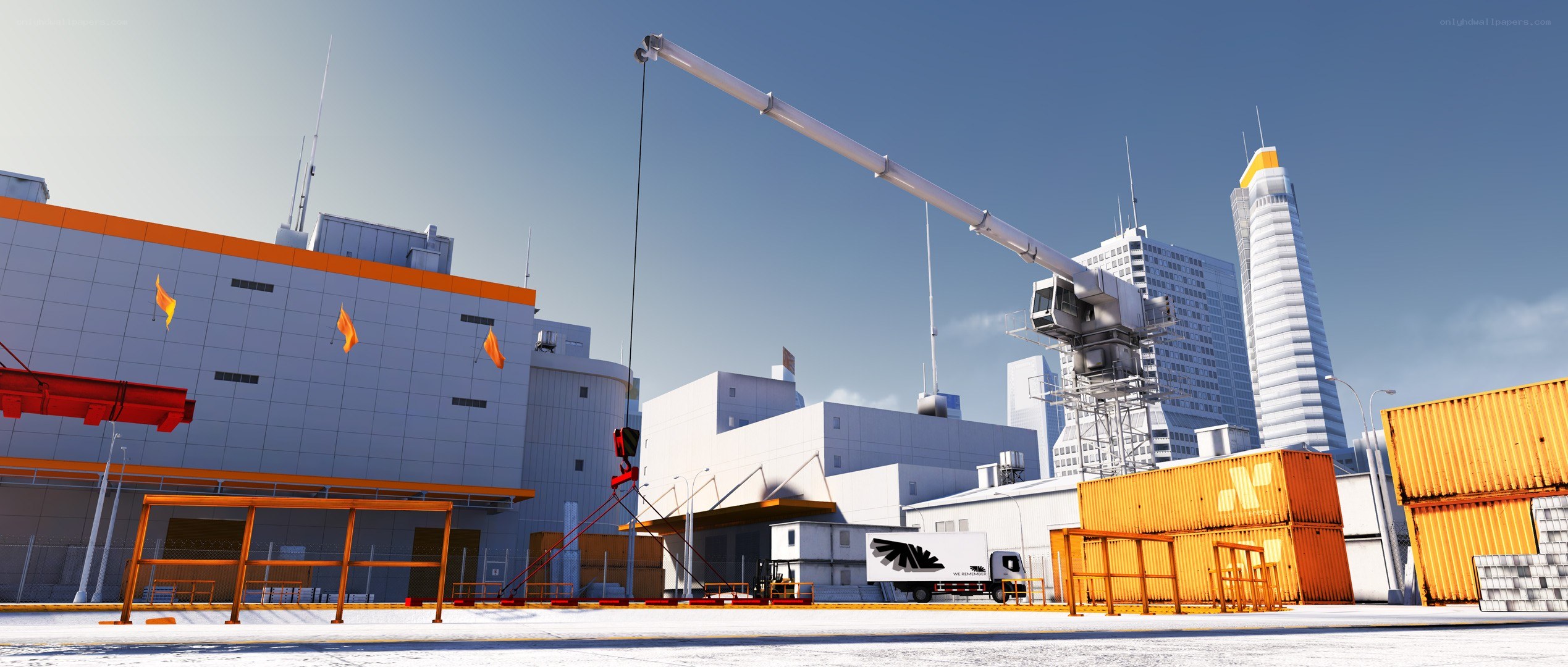 Construction site with crane and containers