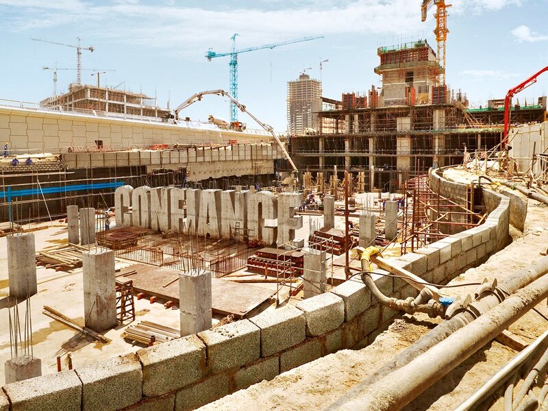 Construction site with large concrete letters