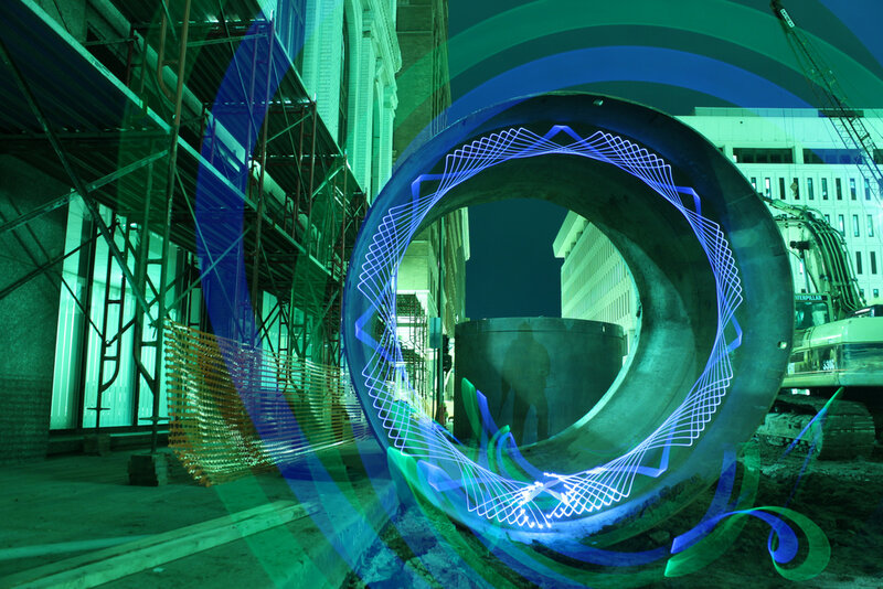Construction site with light art