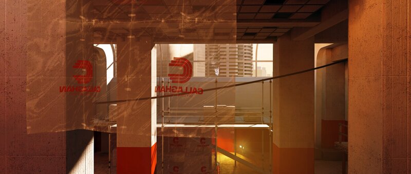 Construction site with logo reflections